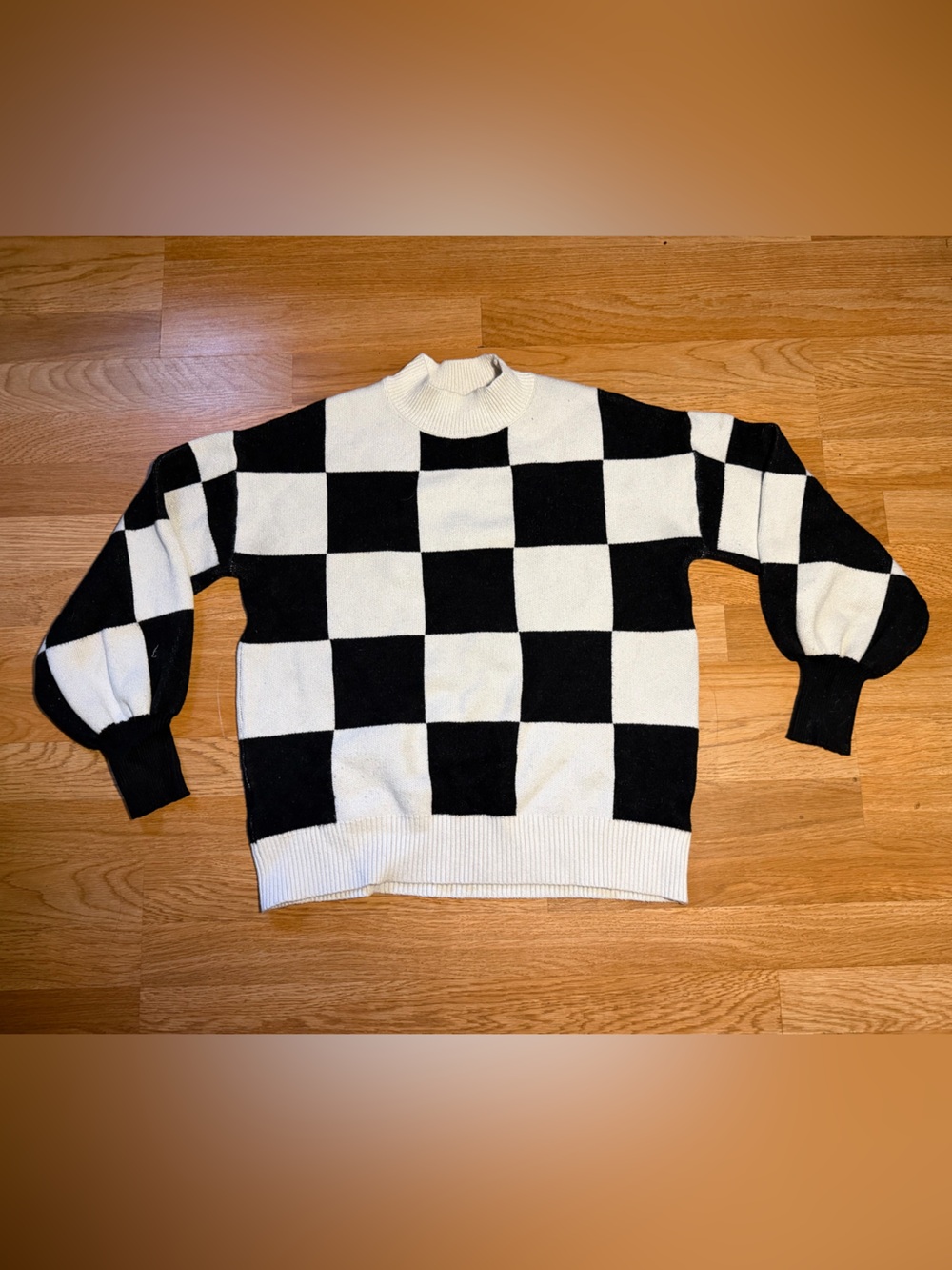 Checkerboard Mock Neck Sweater in Black and White
